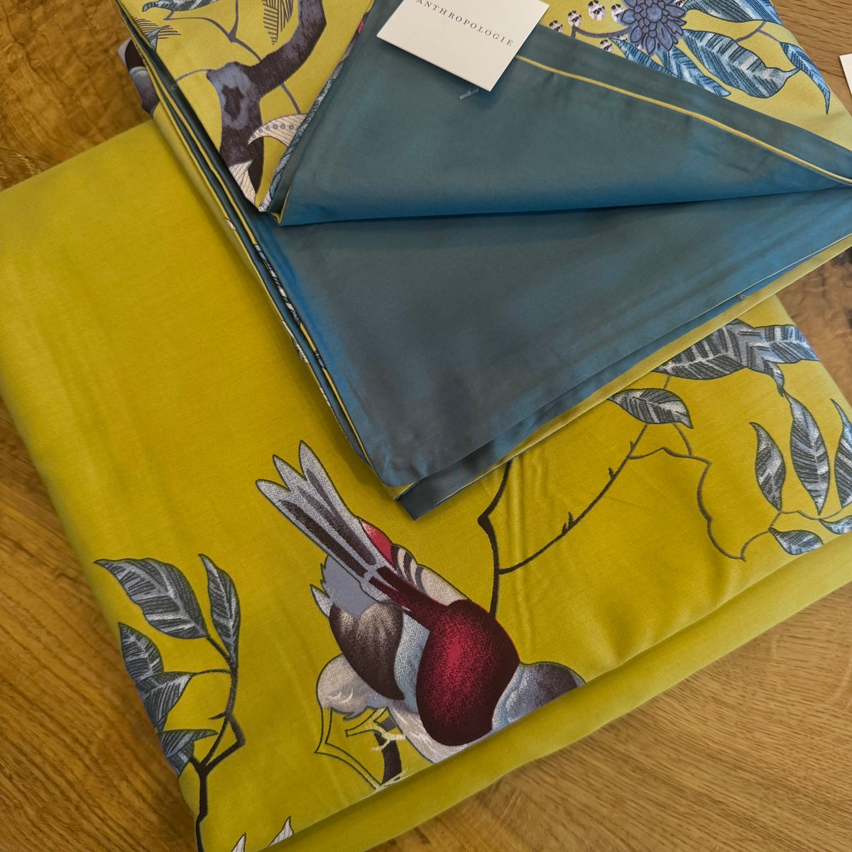 NEW Anthropologie Yellow Boho King / Queen Floral Bird Bedding Duvet & Sham Set
