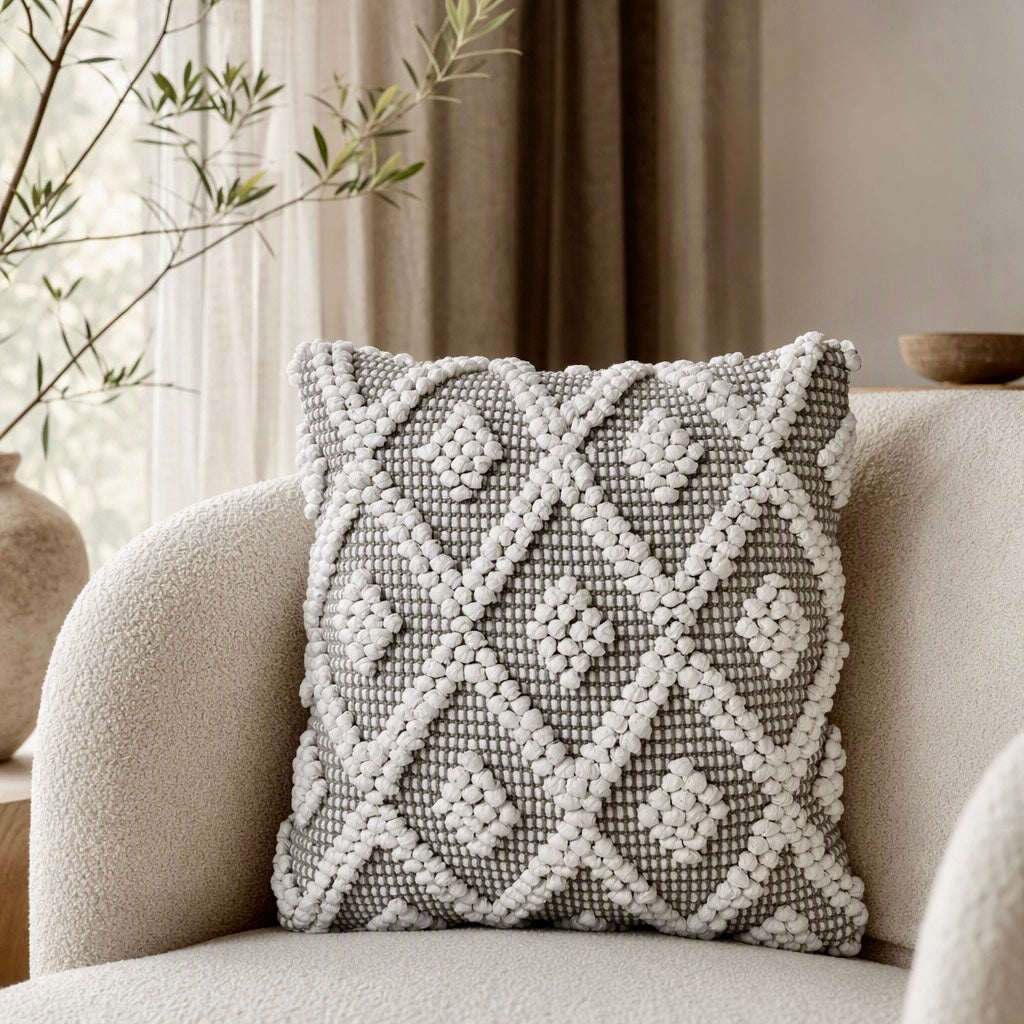 NEW Anthropologie Boho Pom Pom Grey Throw Pillow Case Cover Sham - 20" x 20"