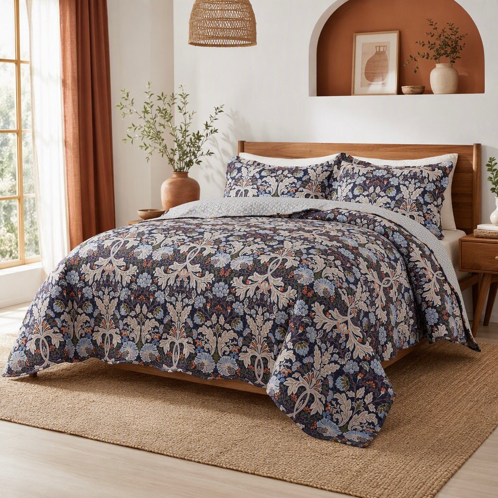 NEW Anthropologie Purple Floral Queen / King Quilt Bedspread Bedding & Sham Set