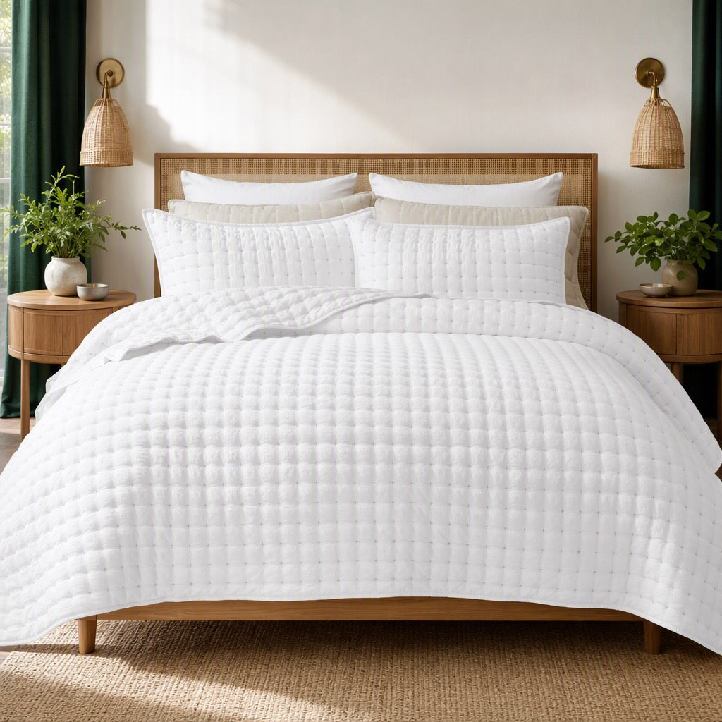 NEW West Elm White Ultra Soft Stitch Quilted Comforter Coverlet Bedding Sham Set