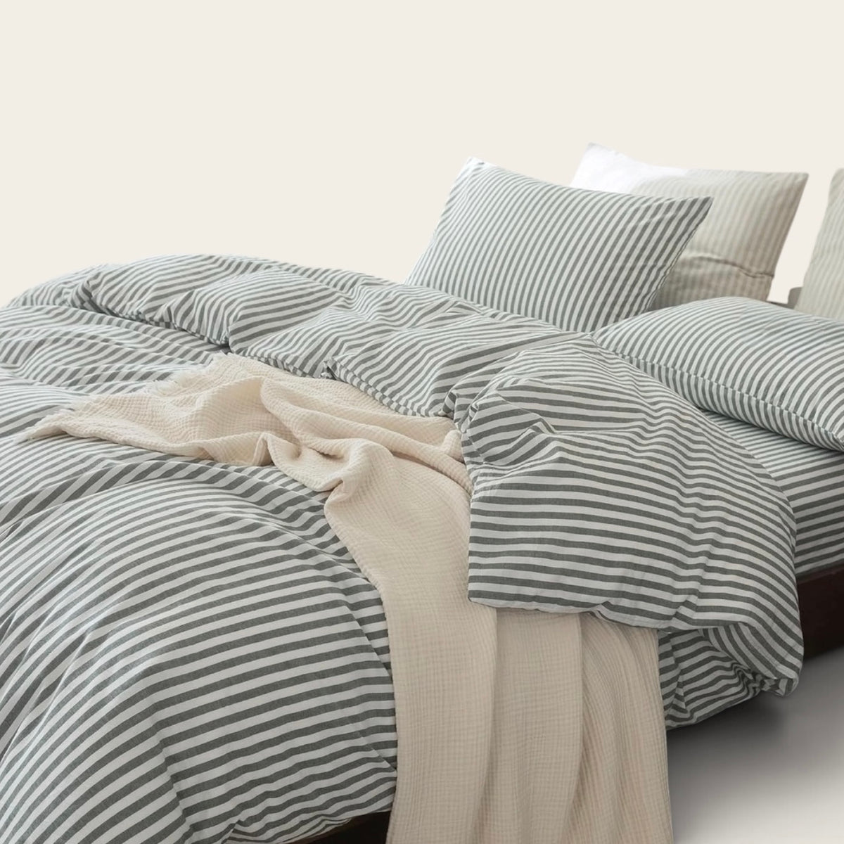 NEW West Elm White & Grey Striped Cotton Simple Modern Bedding Duvet & Sham Set