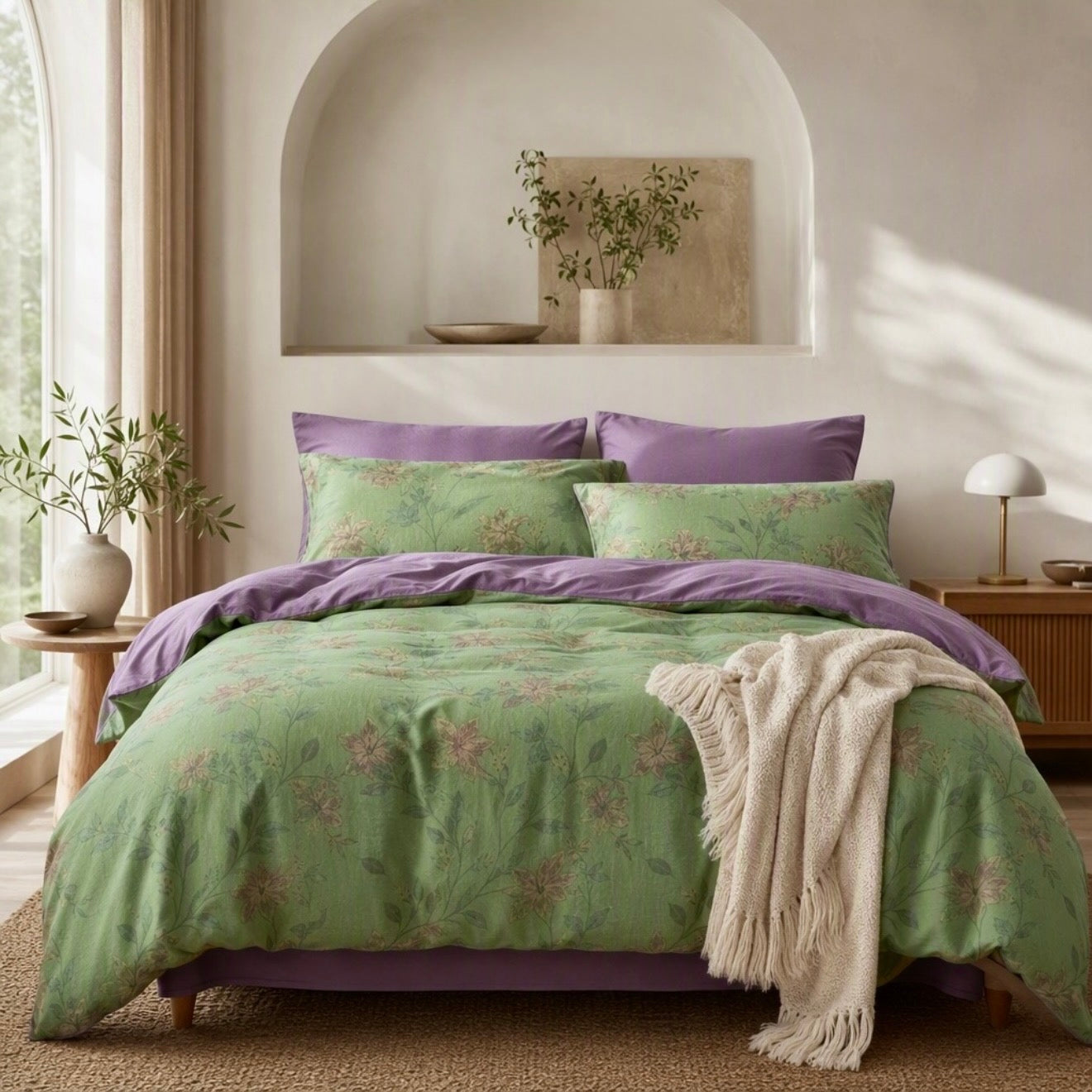NEW Anthropologie Green Purple Floral Linen Queen / King Bedding Duvet & Sham Set