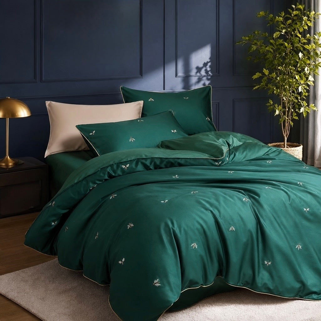 NEW Anthropologie Emerald Green Bee Boho Queen Size Bedding Duvet Sham Case Set