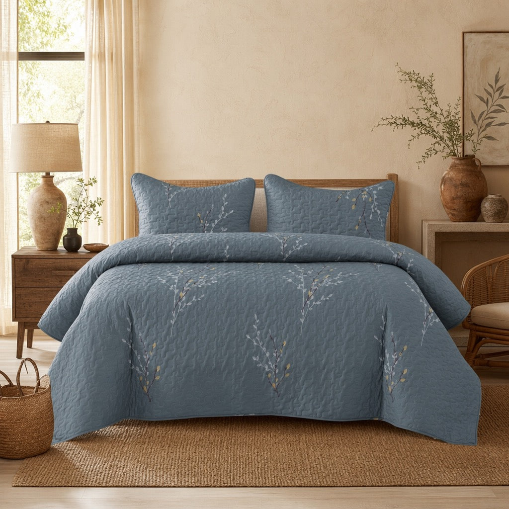 NEW West Elm Blue King Size Floral Embroidered Bedspread Quilt Pillow Case Set