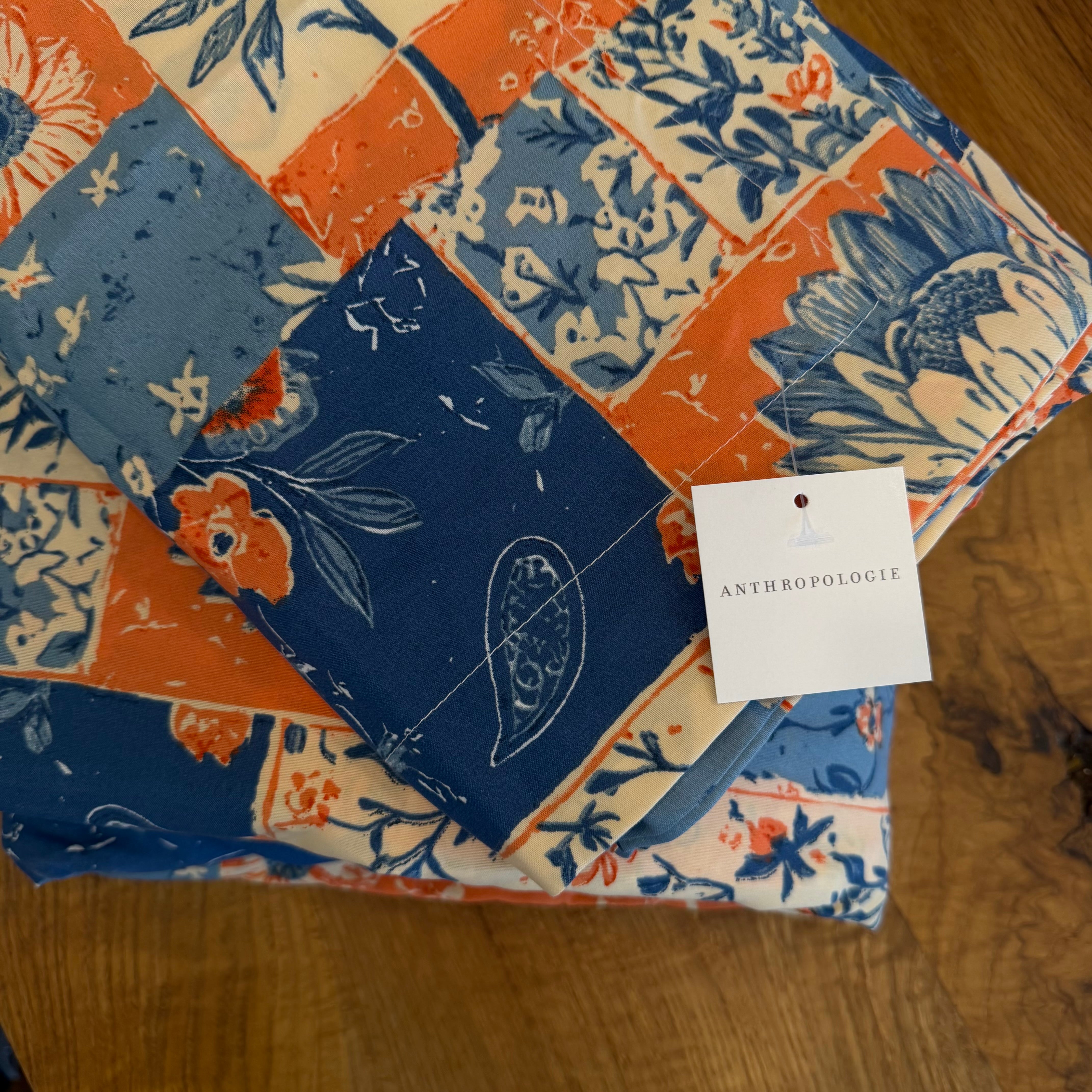NEW Anthropologie Blue & Orange Boho Floral Patchwork Duvet Bedding & Sham Set