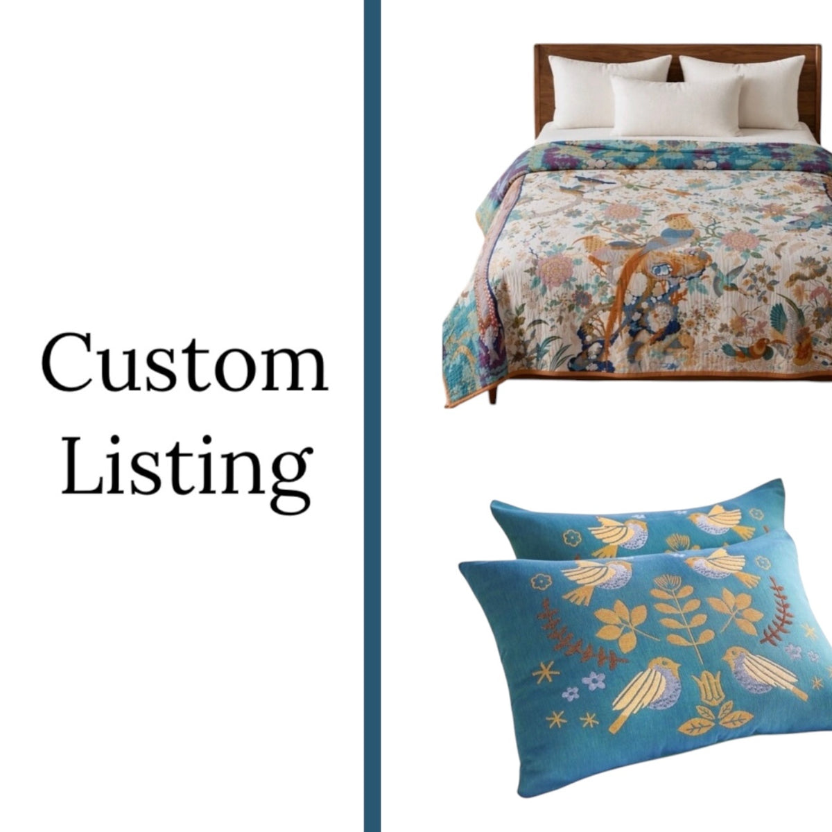 Custom Listing | Anthro Queen Peacock Bedspread & Teal Bird Shams