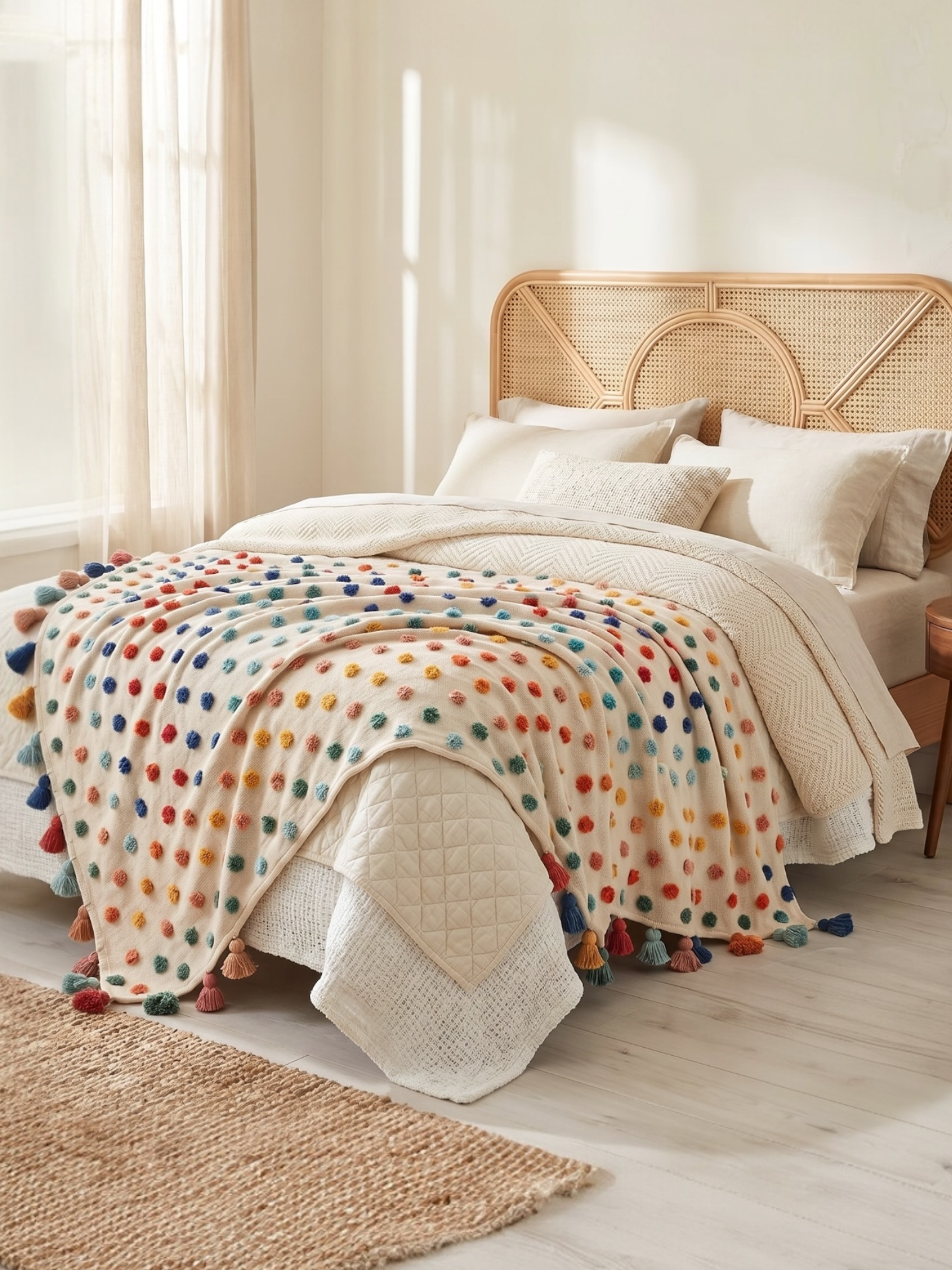 New Anthropologie Boho Tassel Pom Pom Colorful Throw Blanket Bedding - 50" x 60"