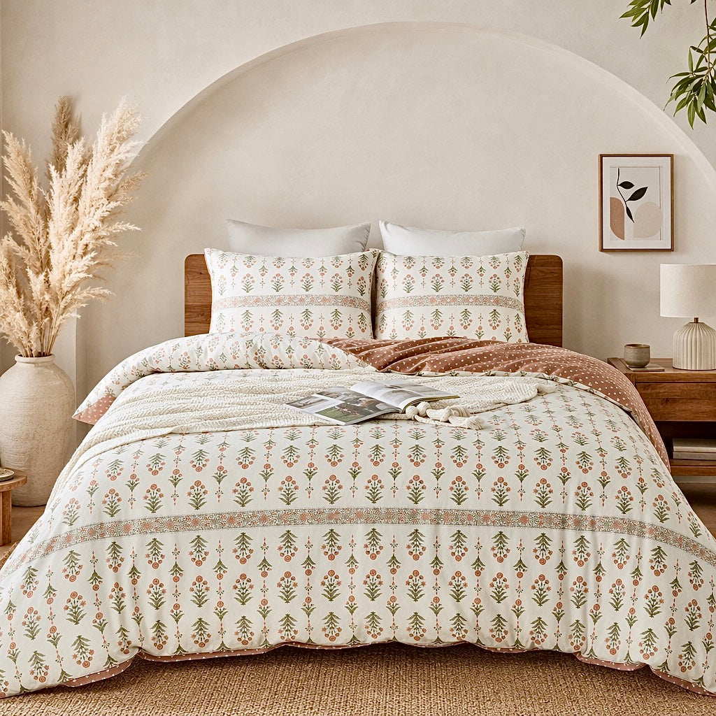 NEW Anthropologie White & Coral Boho Cotton Floral Retro Bedding Duvet Sham Set