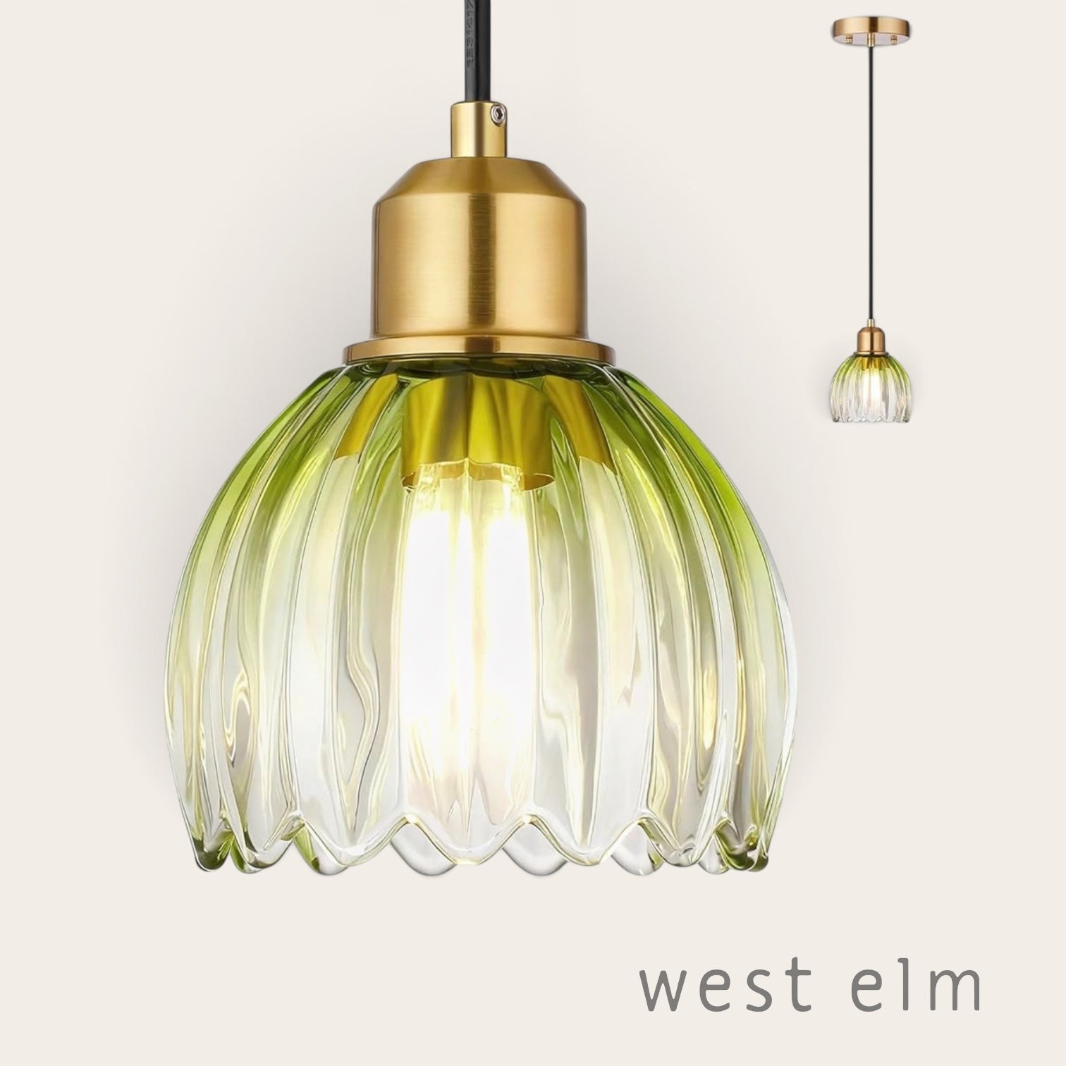 NEW West Elm Vintage Retro Green Gold Glass Tulip Hanging Pendant Light Fixture