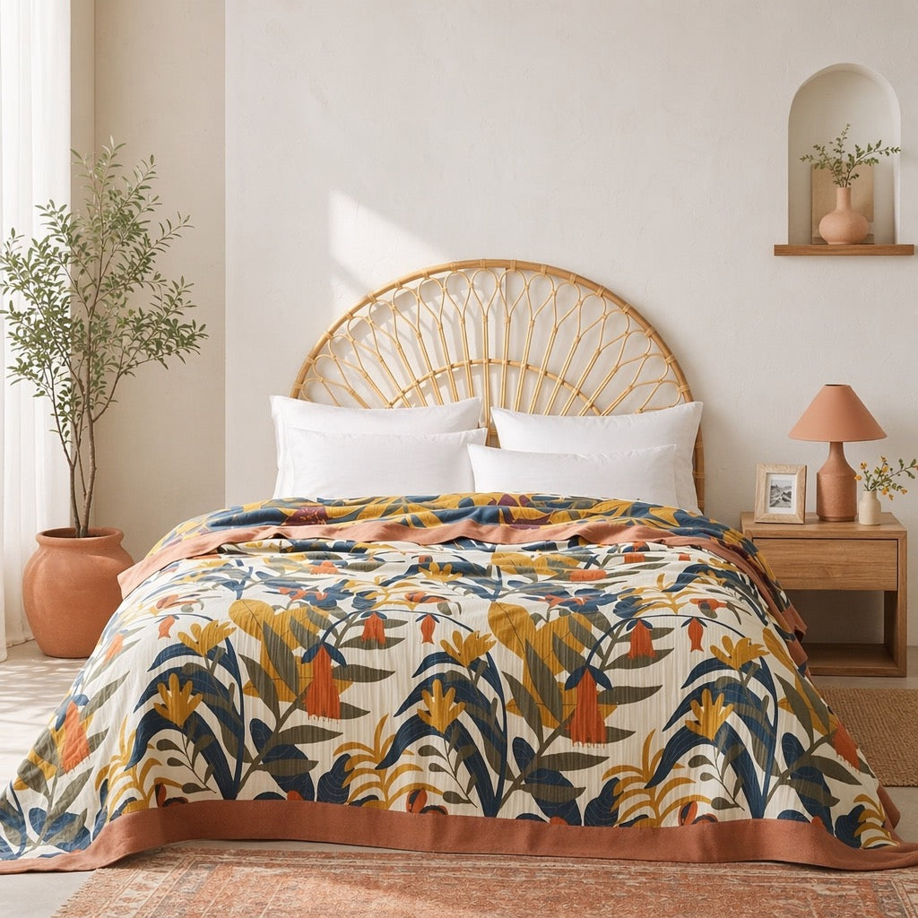 NEW Anthropologie Queen Boho Floral Reversible Blanket Bedspread Quilt 98" x 92"