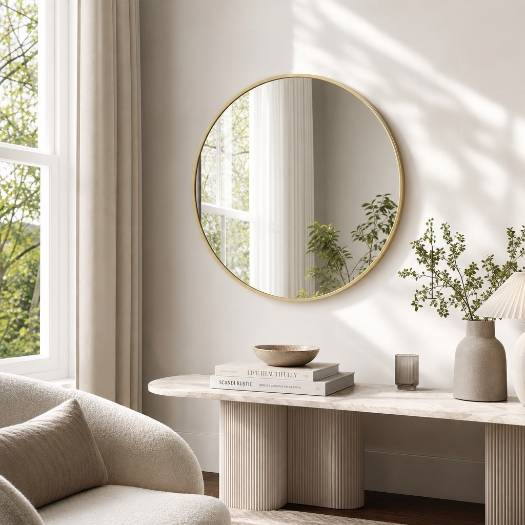 NEW West Elm Gold Circle Round Metal Framed Boho Wall Entry Mirror - 24" x 24"