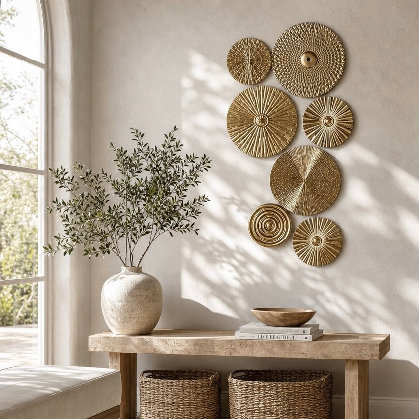 NEW West Elm XL Gold Boho Metal Abstract Wall Hanging Baskets Plates - Set of 7