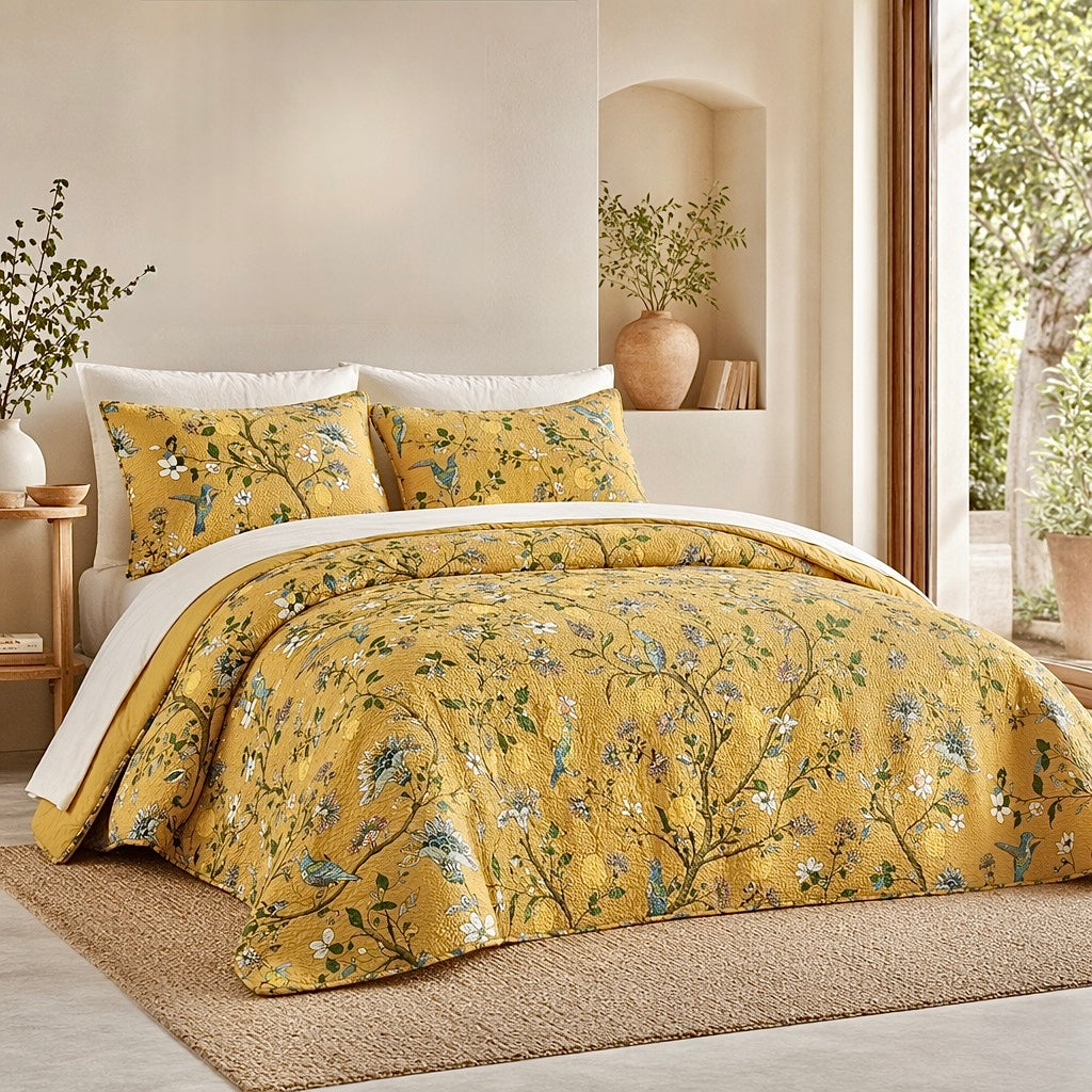 NEW Anthro Yellow Seersucker Floral Queen King Boho Comforter Bedding Sham Set