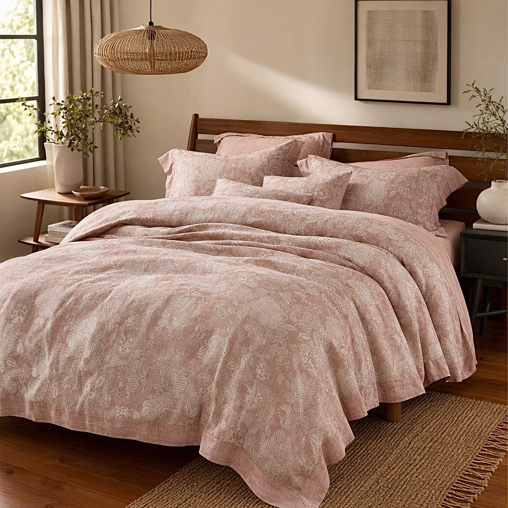 NEW Anthropologie Pink Floral Cotton Boho Queen / King Bedding Duvet & Sham Set
