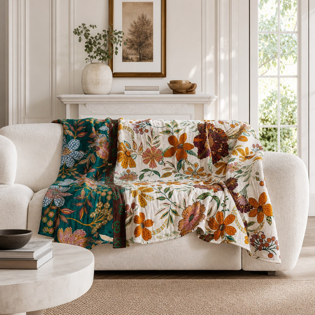 NEW Anthropologie Boho Floral Reversible Queen Blanket Bedspread Quilt 90" x 98"