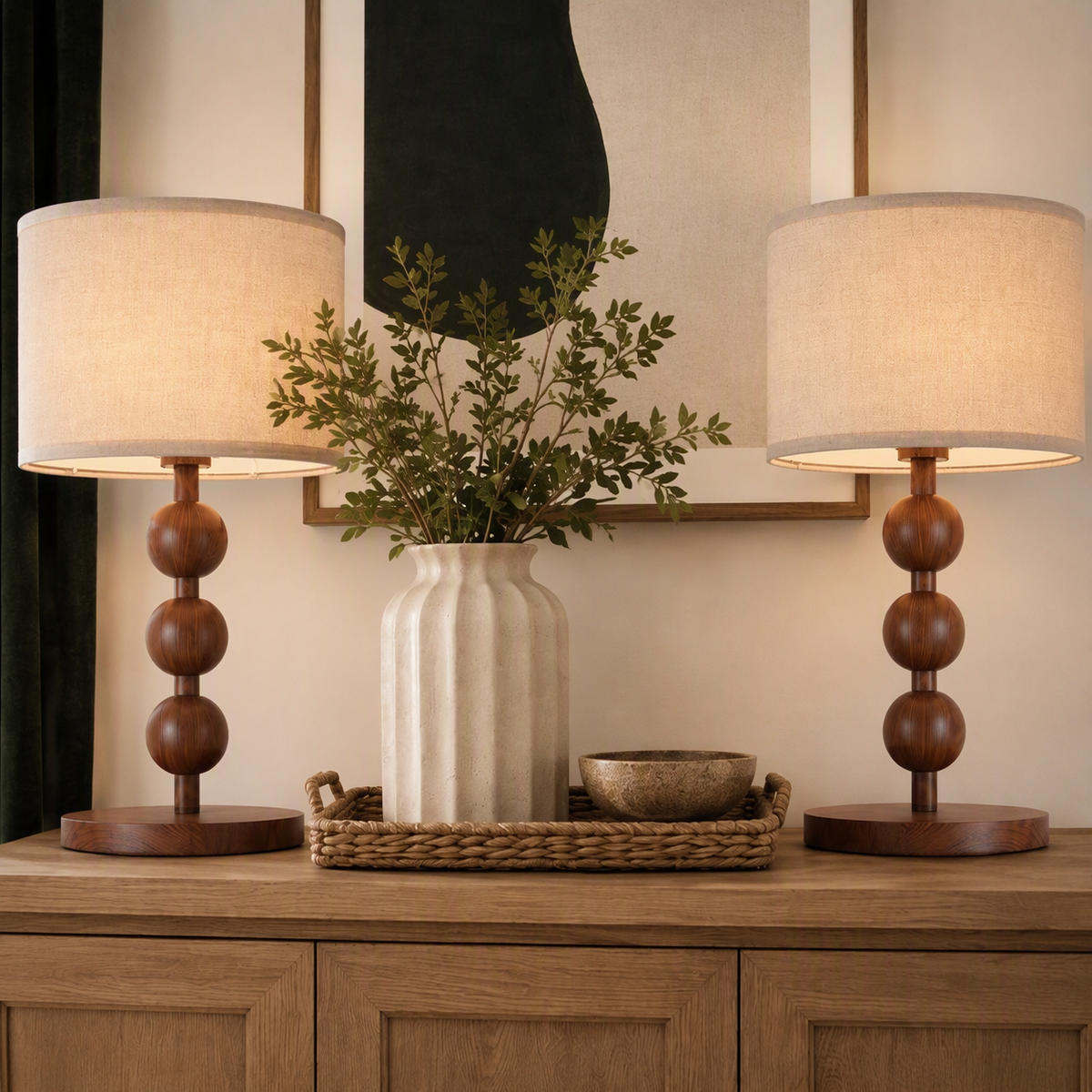 NEW Anthropologie Set of 2 Vintage Wood Ball Retro Boho Table Lamps Lighting 20"