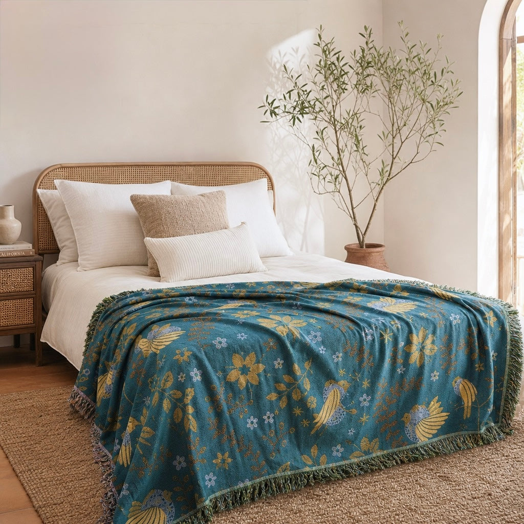 NEW Anthropologie Teal Reversible Boho Bird Blanket Bedspread Quilt 80" x 60"