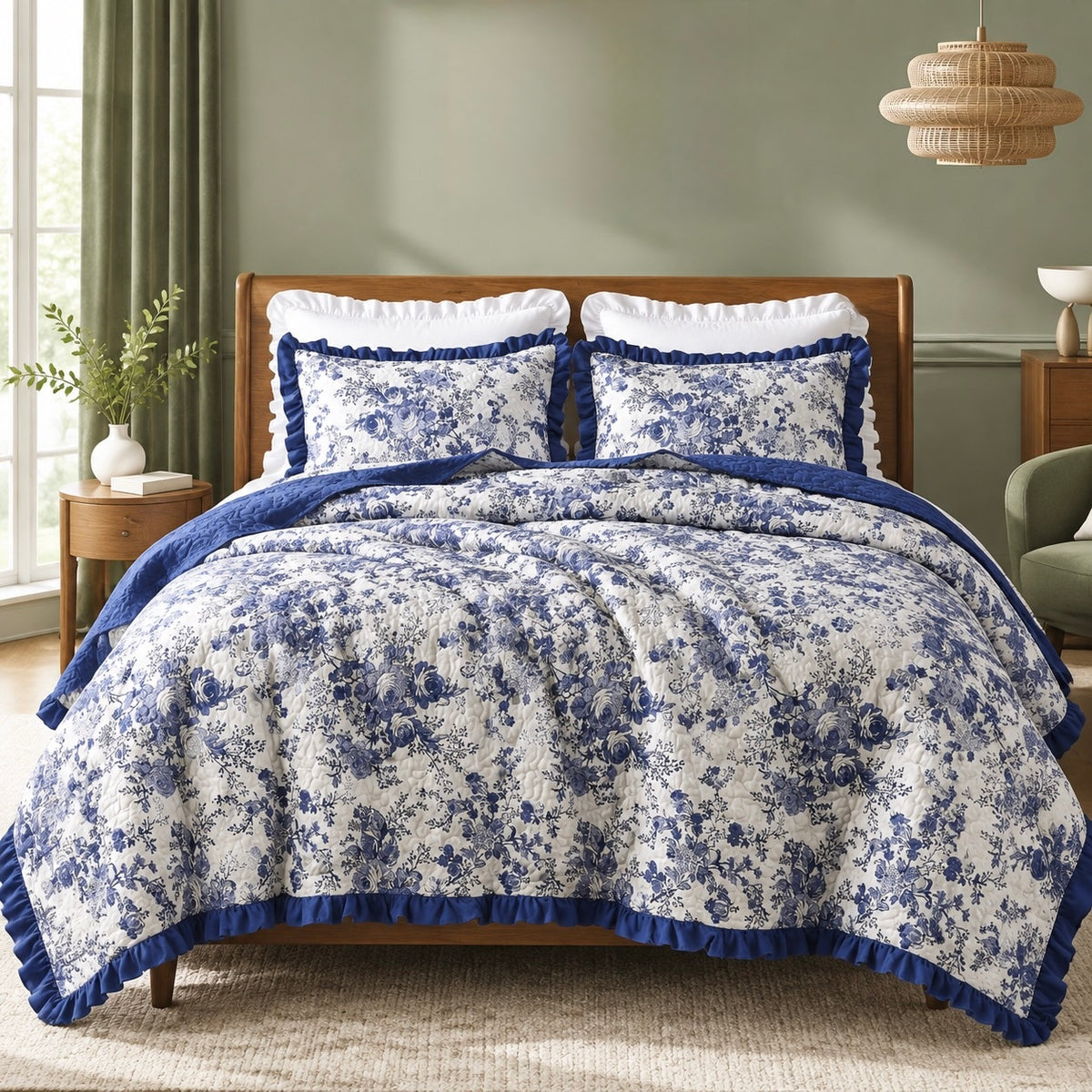 NEW Anthropologie Blue White Floral Ruffle Trim Quilt Coverlet Bedding Sham Set
