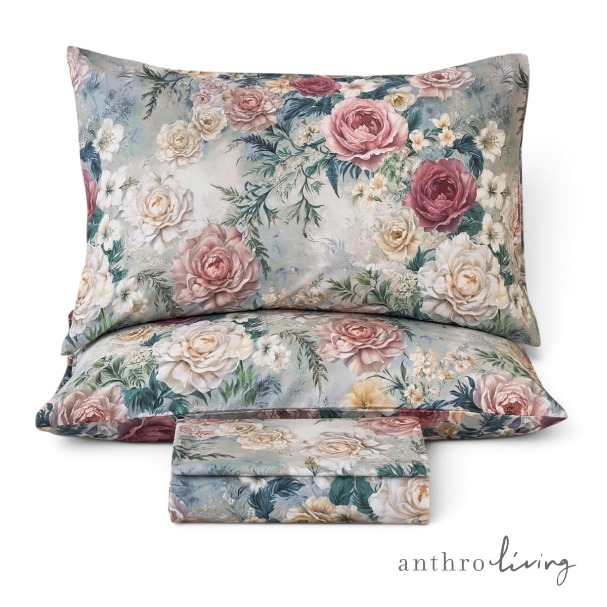 NEW Anthropologie Purple Rose Floral Boho 100% Cotton Duvet Bedding & Sham Set