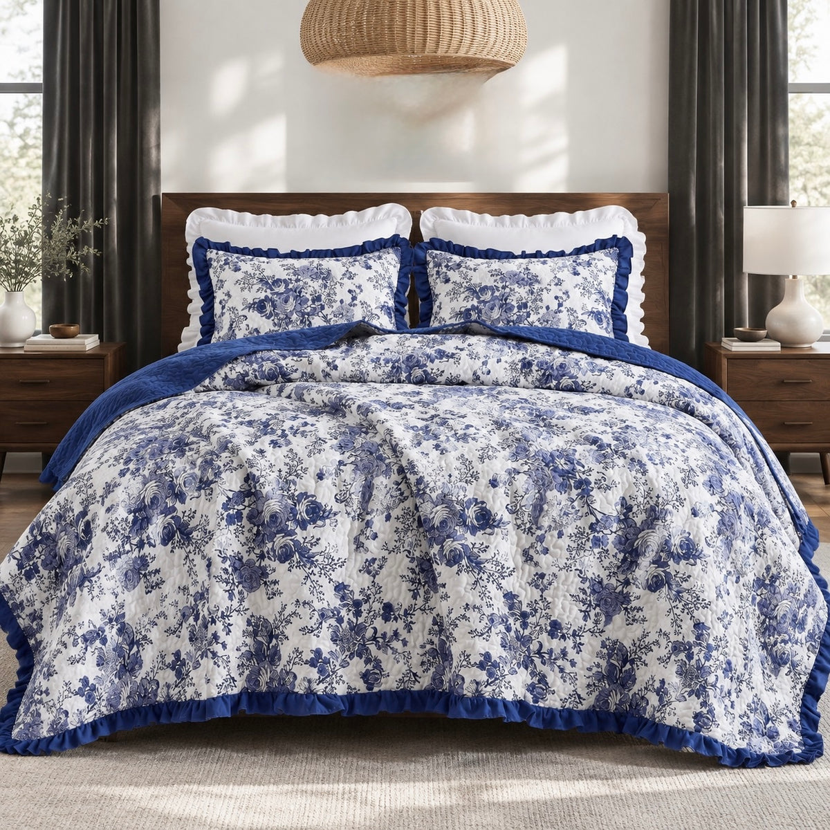 NEW Anthropologie Blue White Floral Ruffle Trim Quilt Coverlet Bedding Sham Set