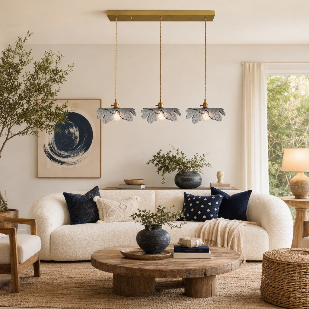 NEW Anthropologie 3-Light Blue Gold & Blue Glass Floral Light Fixture Chandelier