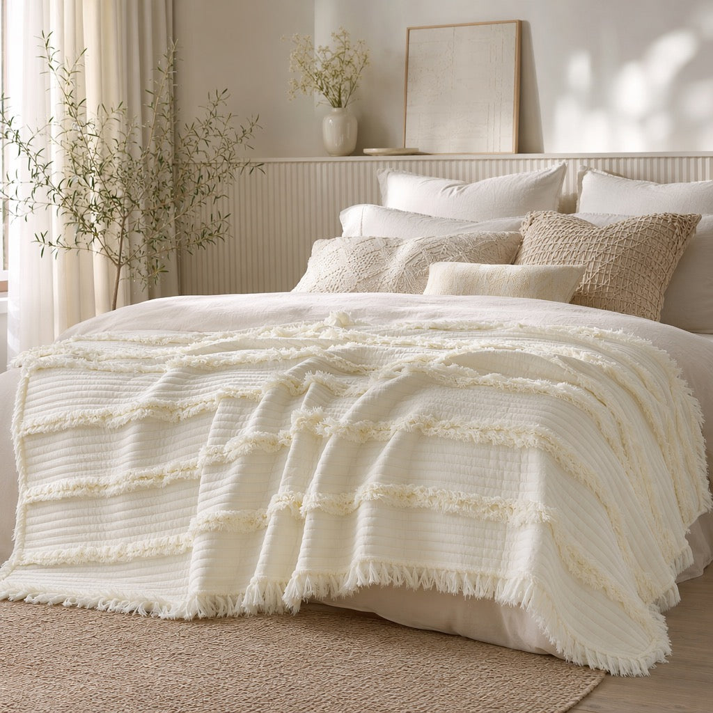 NEW West Elm Boho White Quilted Ruffle Knit Throw Blanket Bedding - 60" x 80"