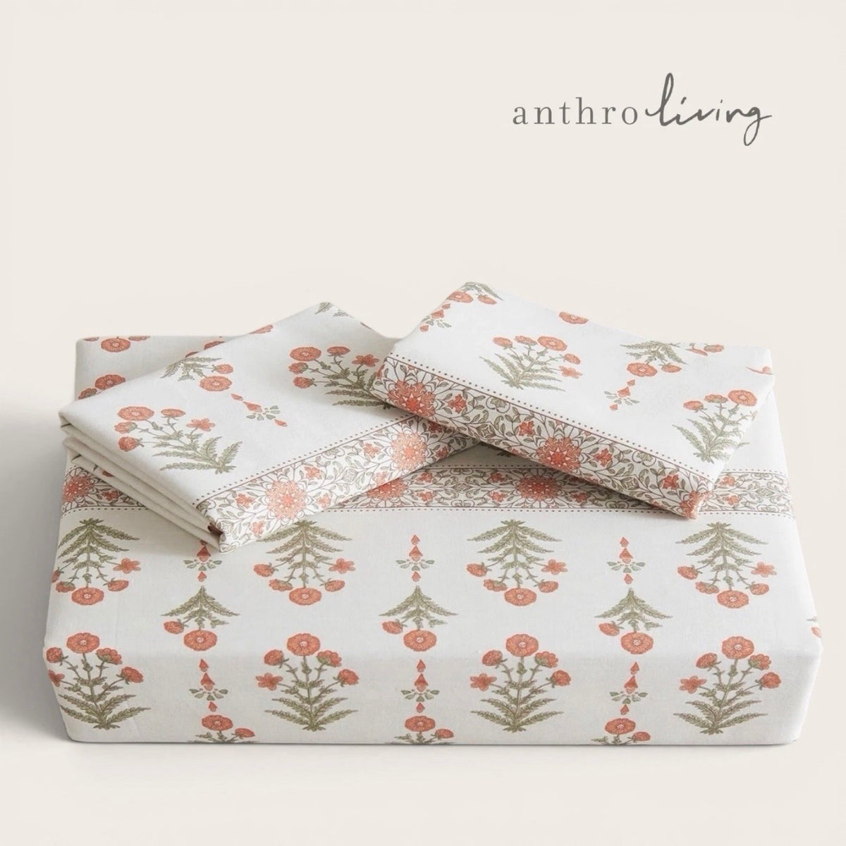 NEW Anthropologie White & Coral Boho Cotton Floral Retro Bedding Duvet Sham Set