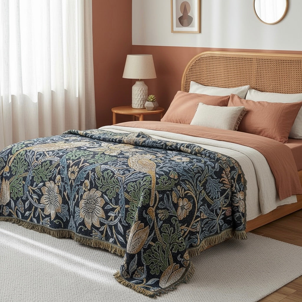 NEW Anthropologie Boho Bird Blue Tassel Throw Blanket Bedspread Quilt - 50 x 70