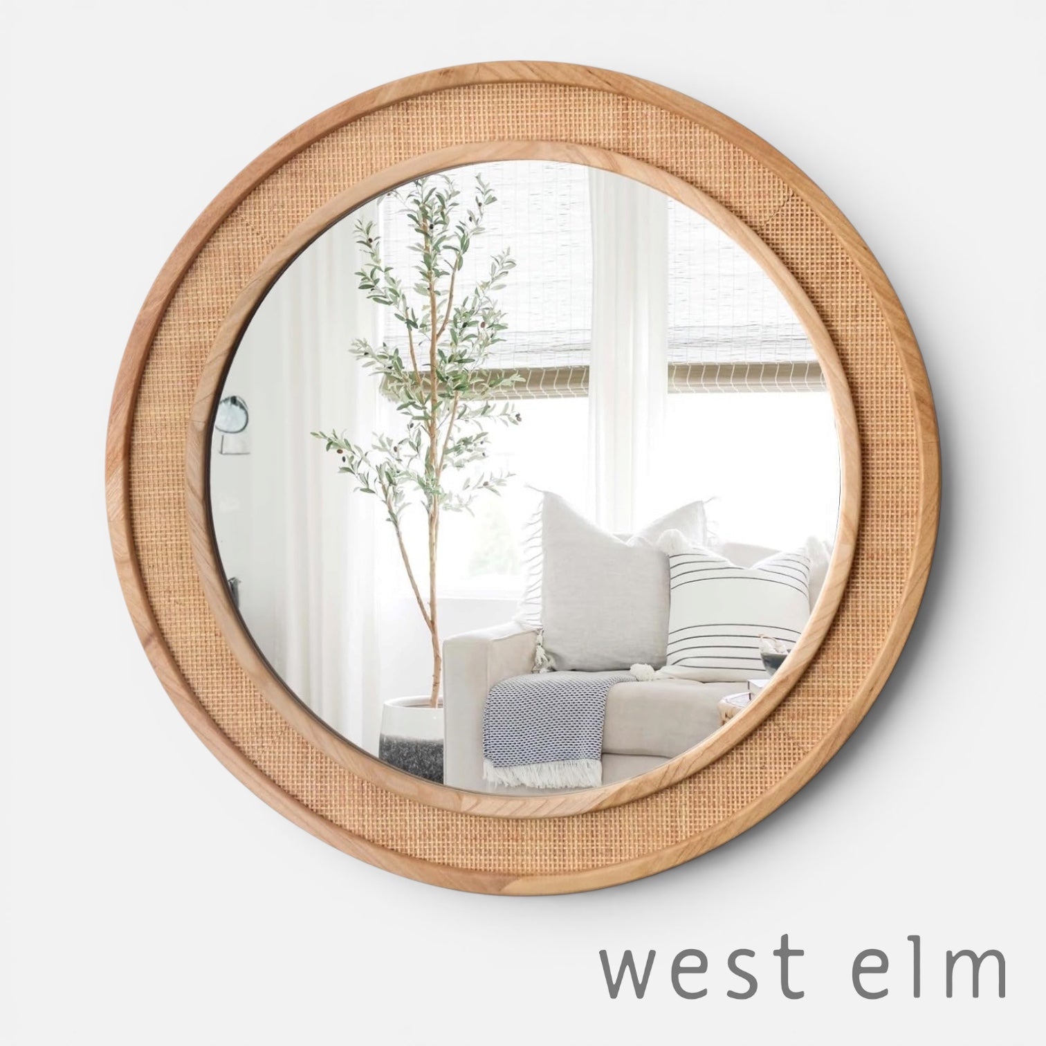 NEW West Elm Large Round Mirror Wicker Rattan Boho Wall Hanging Decor - 24” Diam