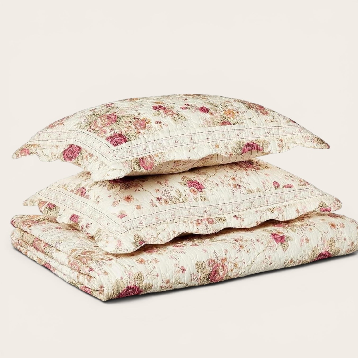 NEW Anthropologie White Red Floral Cream Queen / King Quilt Bedspread Bedding Sham Set
