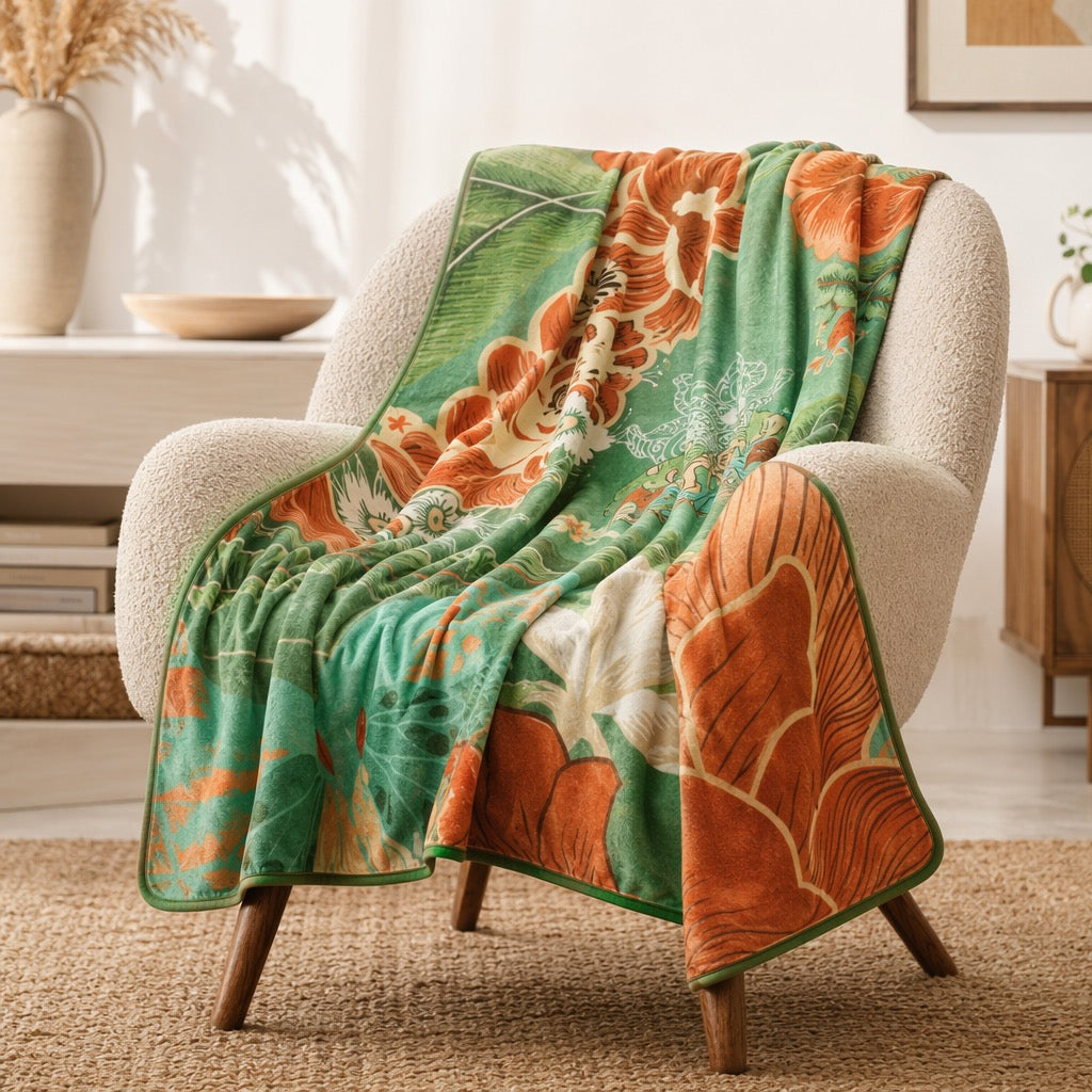 NEW Anthropologie XL Queen Size Boho Green Floral Fleece Blanket Bedspread 90x90
