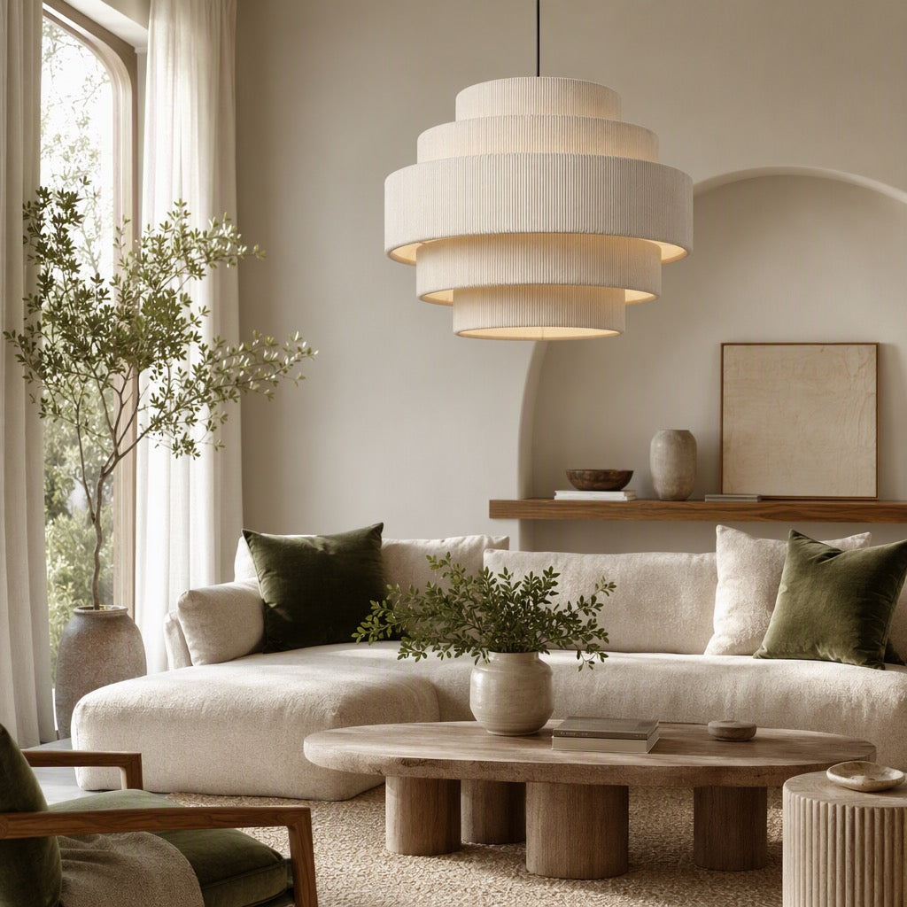 NEW West Elm 5-Tier Boho Beige Corduroy Boho Chandelier Hanging Light Fixture