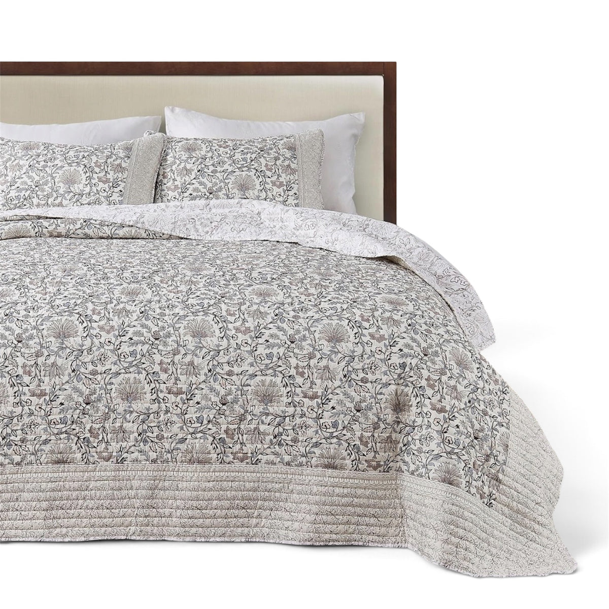 NEW West Elm Blue White Botanical Reversible Queen King Bedding Quilt & Sham Set