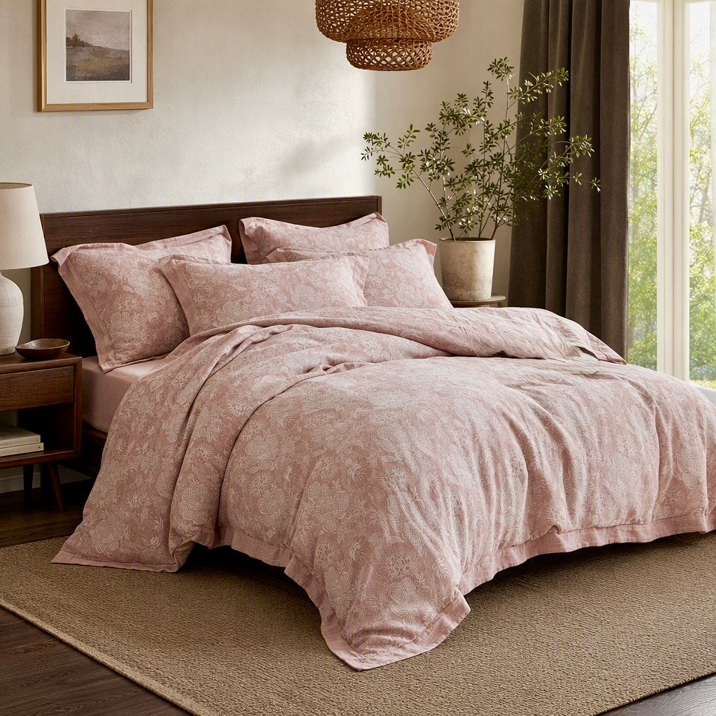NEW Anthropologie Pink Floral Cotton Boho Queen / King Bedding Duvet & Sham Set