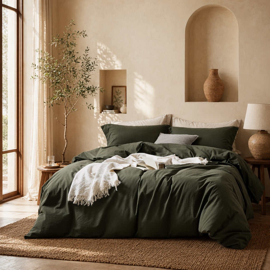 NEW West Elm Dark Green 100% Cotton Boho King Size Bedding Duvet Sham Case Set