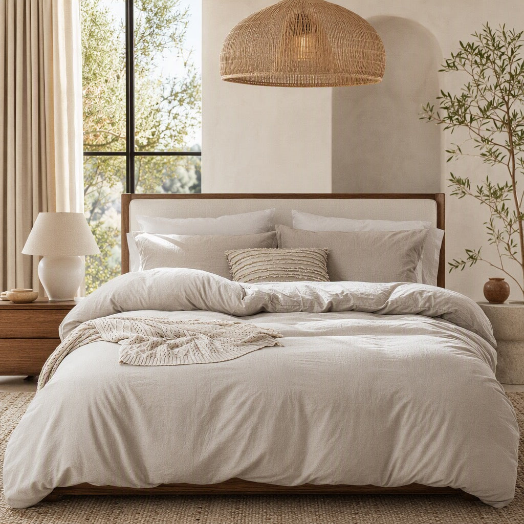 NEW West Elm Beige Linen Cotton Luxury Queen / King Bedding Duvet & Sham Set