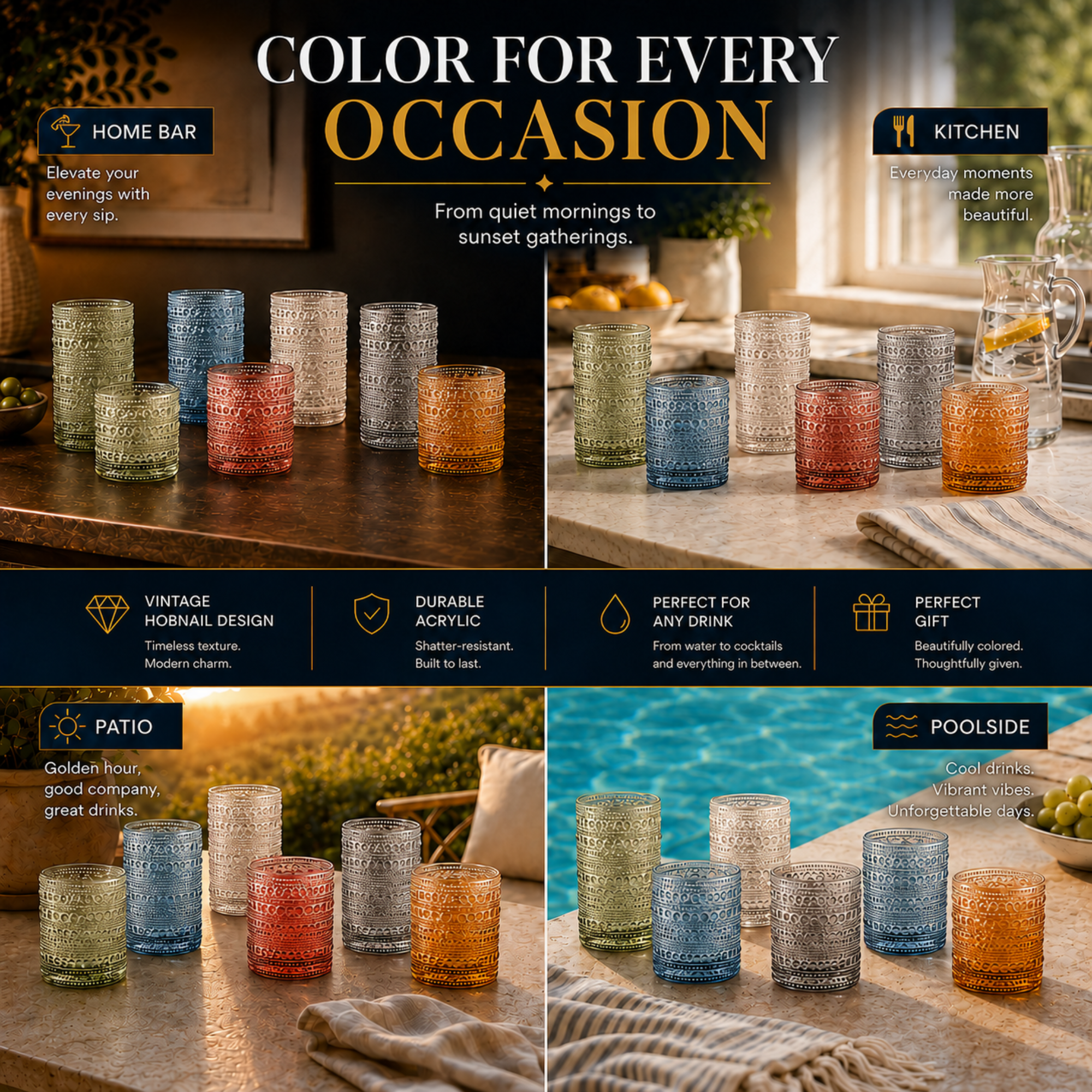 Tonal Hobnail Highball & Lowball Glassware, Set of 12