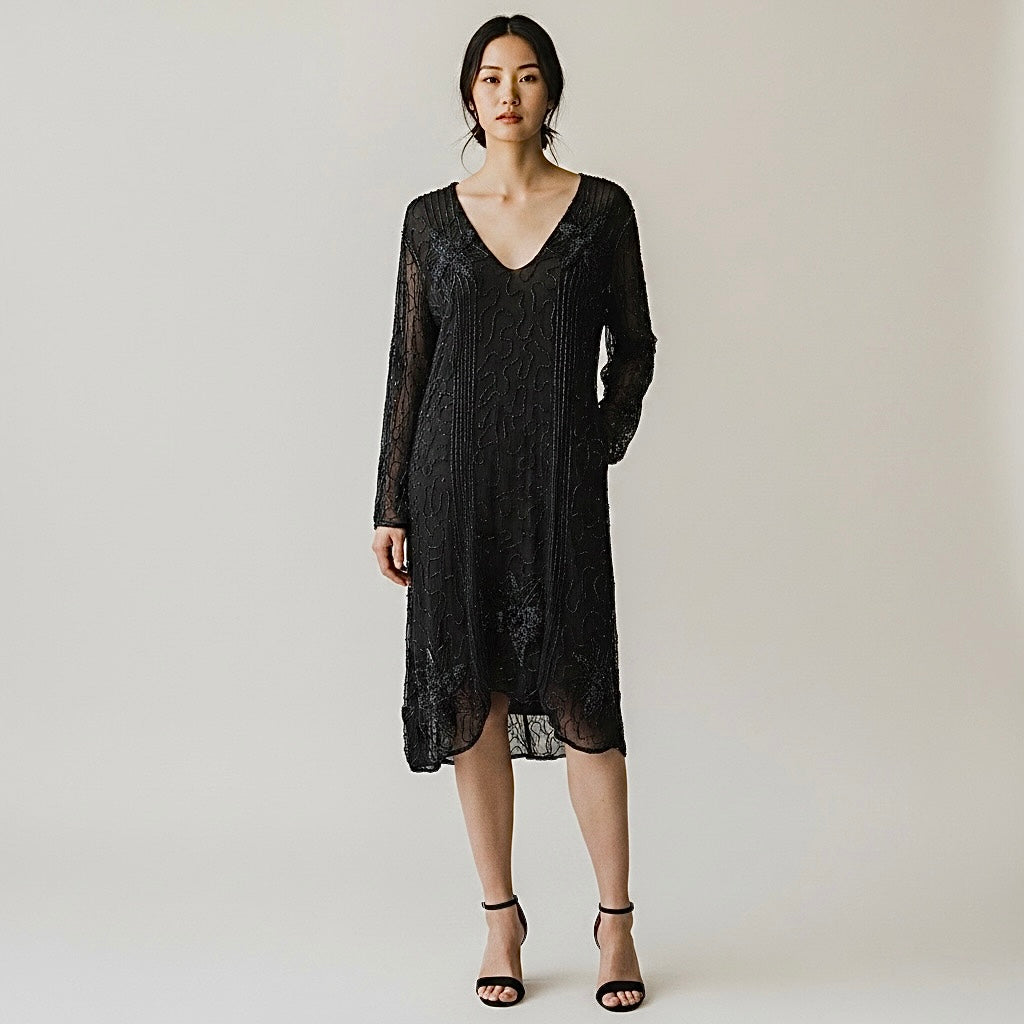 Vintage Saks Fifth Avenue Black Floral Beaded Sheer Tunic Sheath Dress - Large