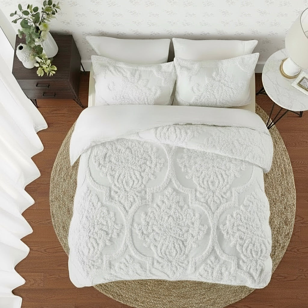 NEW Anthropologie White King Chenille Damask Duvet Bedspread Bedding & Sham Set