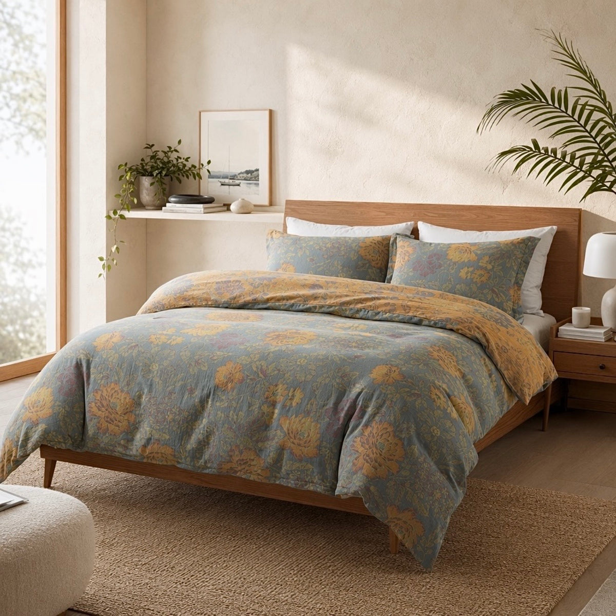 NEW Anthropologie Blue Orange Floral Cotton Queen / King Bedding Duvet Sham Set