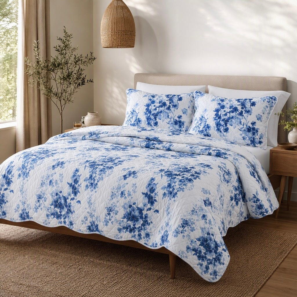 NEW Anthropologie Blue & White Vintage Floral Bedding Quilt Comforter & Sham Set