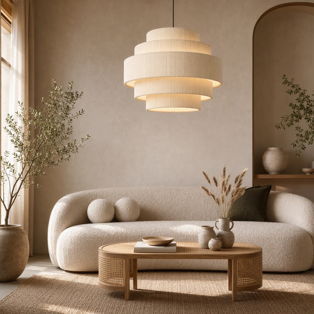 NEW West Elm 5-Tier Boho Beige Corduroy Boho Chandelier Hanging Light Fixture