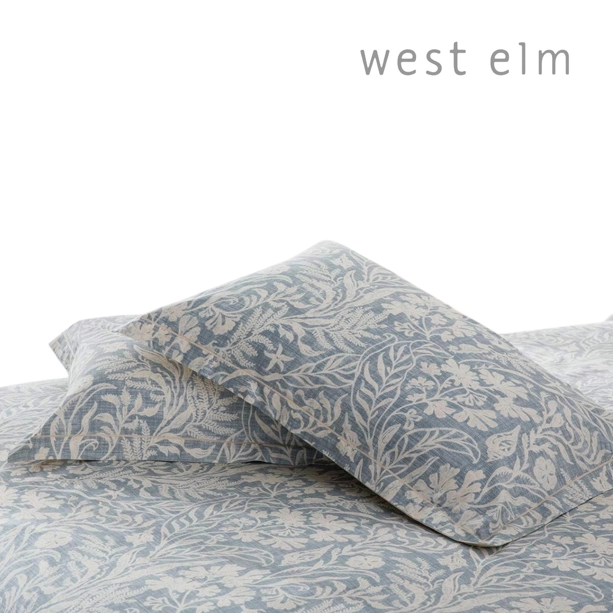 NEW West Elm Blue Cotton Floral Botanical Queen / King Bedding Duvet & Sham Set