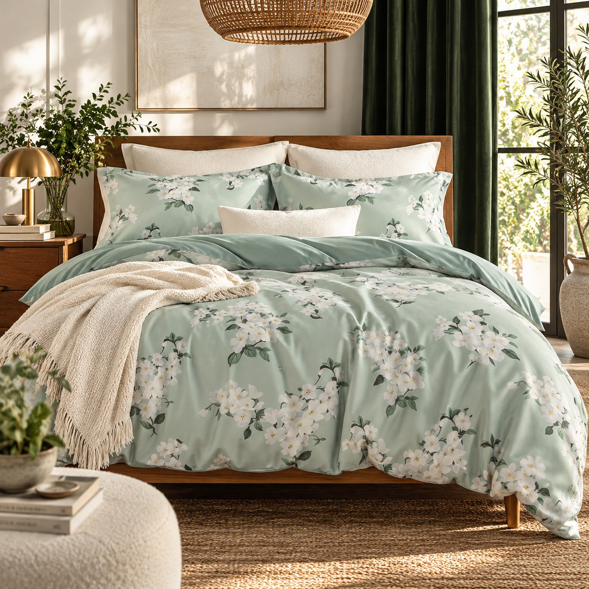 NEW West Elm Sage Green Floral Print Cotton Multi-Size Bedding Duvet & Sham Set