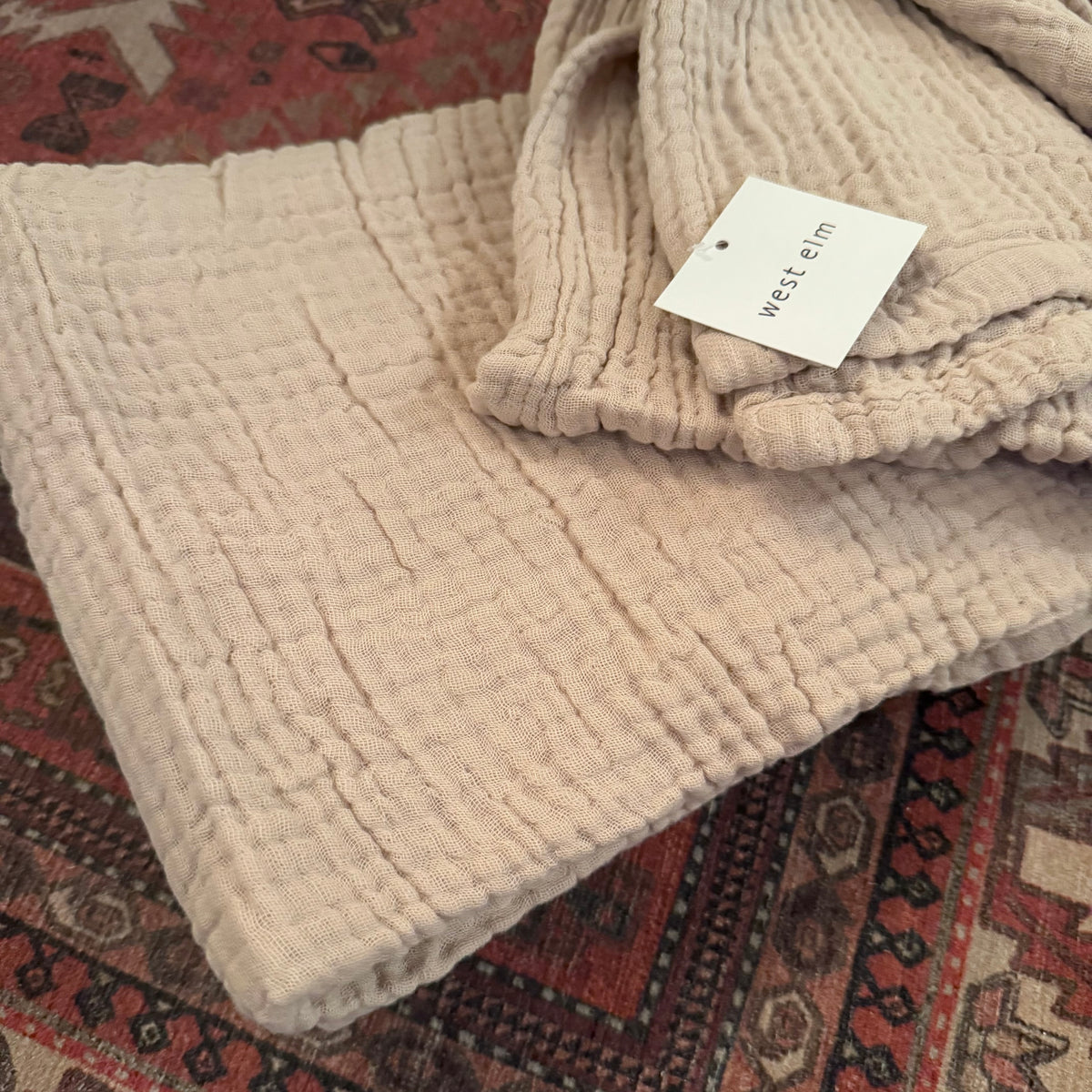 NEW West Elm Beige Woven Waffle Knit Cotton Boho Cozy Throw Blanket - 50" x 60"