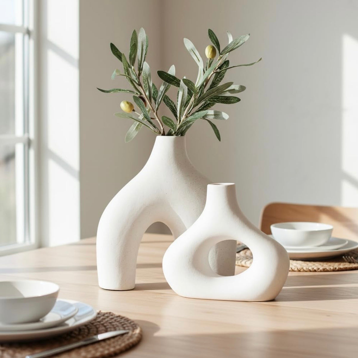 NEW West Elm (Set 2) Large Cream Abstract Boho Ceramic Abstract Flower Vase Set