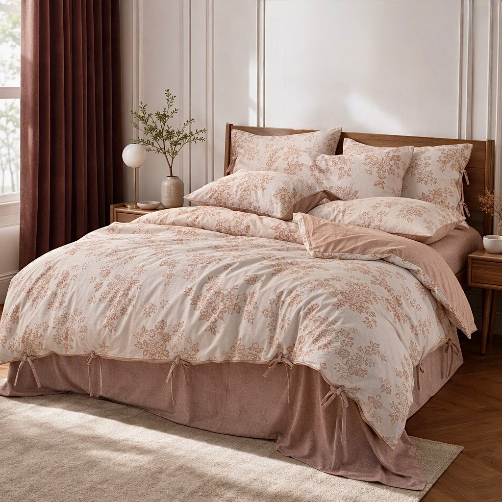 NEW Anthropologie Pink Floral Jacquard Linen Cotton Bedding Duvet & Sham Set