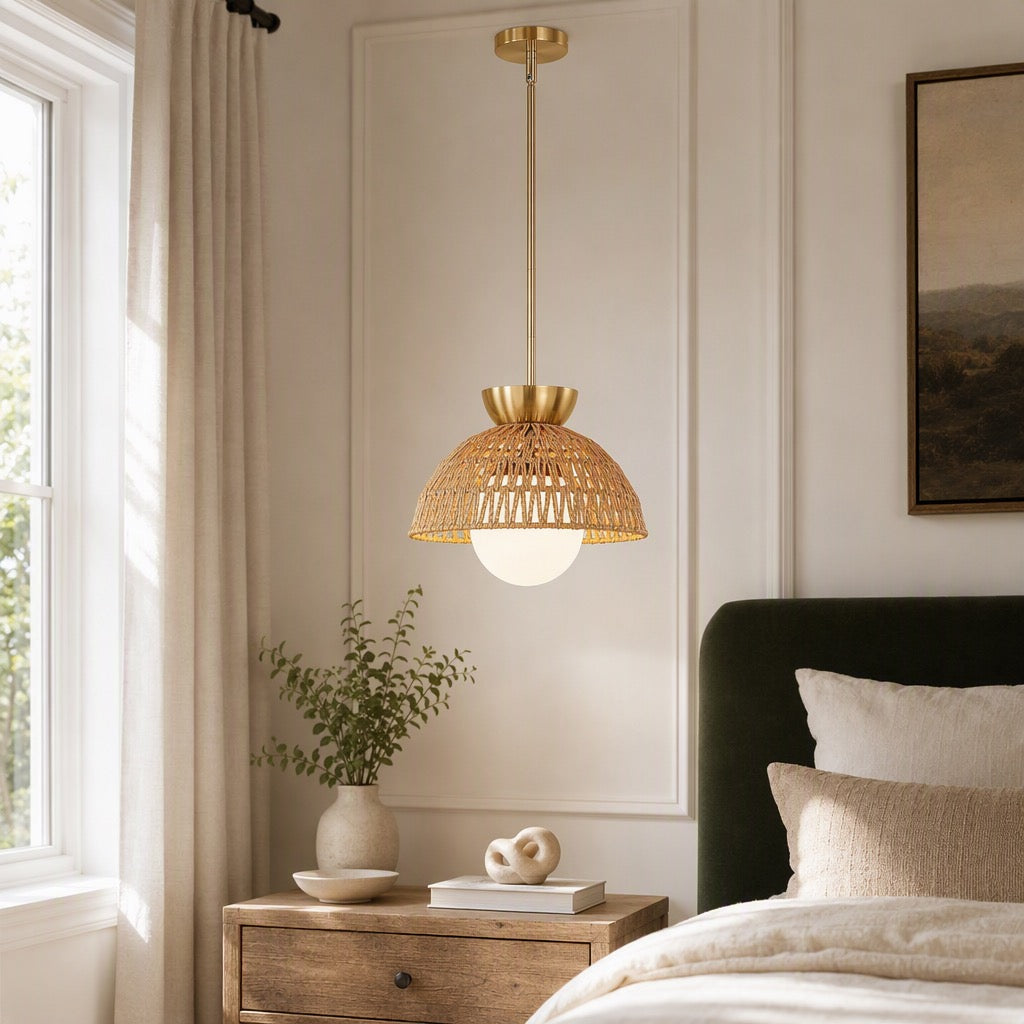 NEW West Elm Gold & Rattan Glass Globe Woven Hanging Boho Pendant Light Fixture