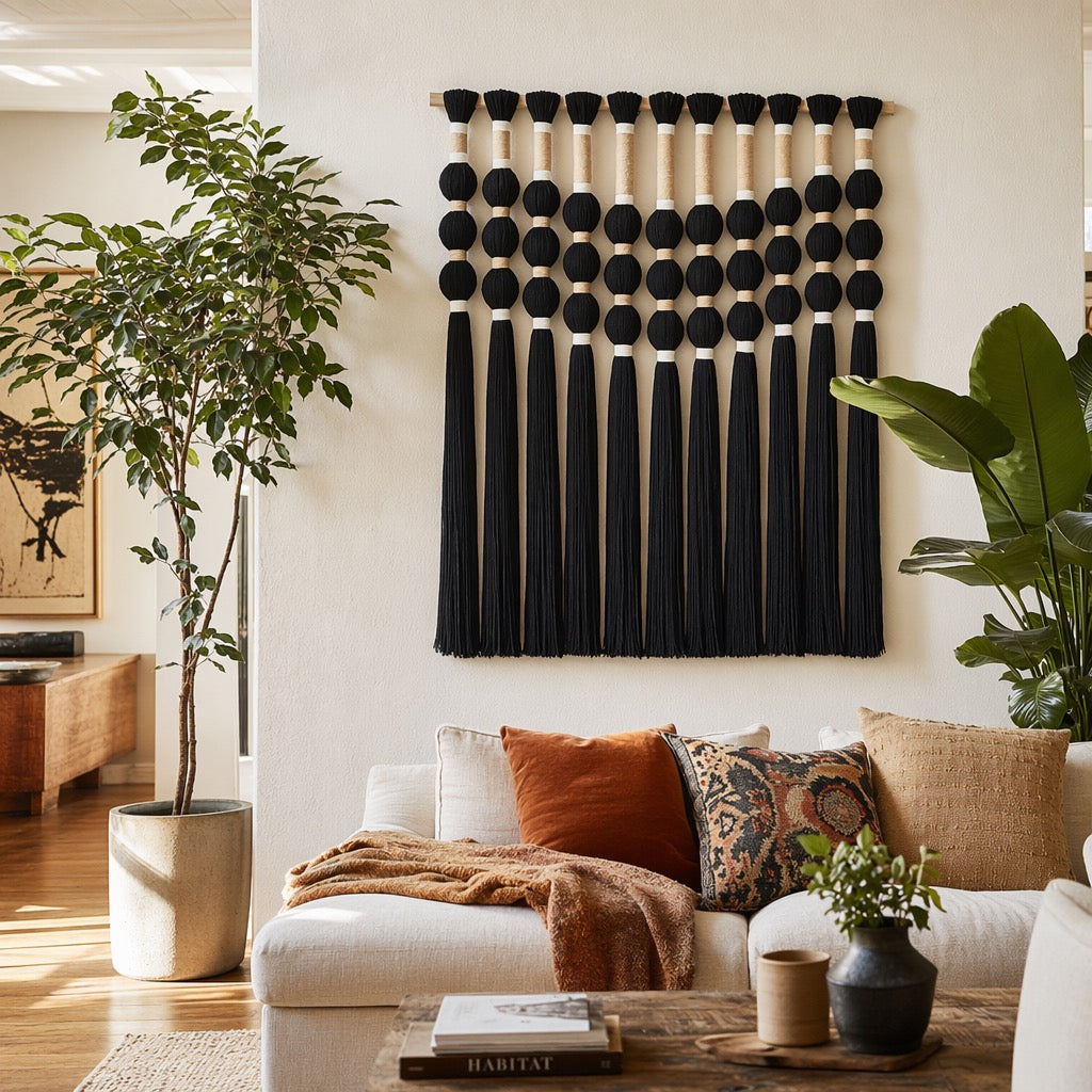 NEW Anthropologie XL Boho Black Ball Tassel Tapestry Woven Wall Hanging - 33"