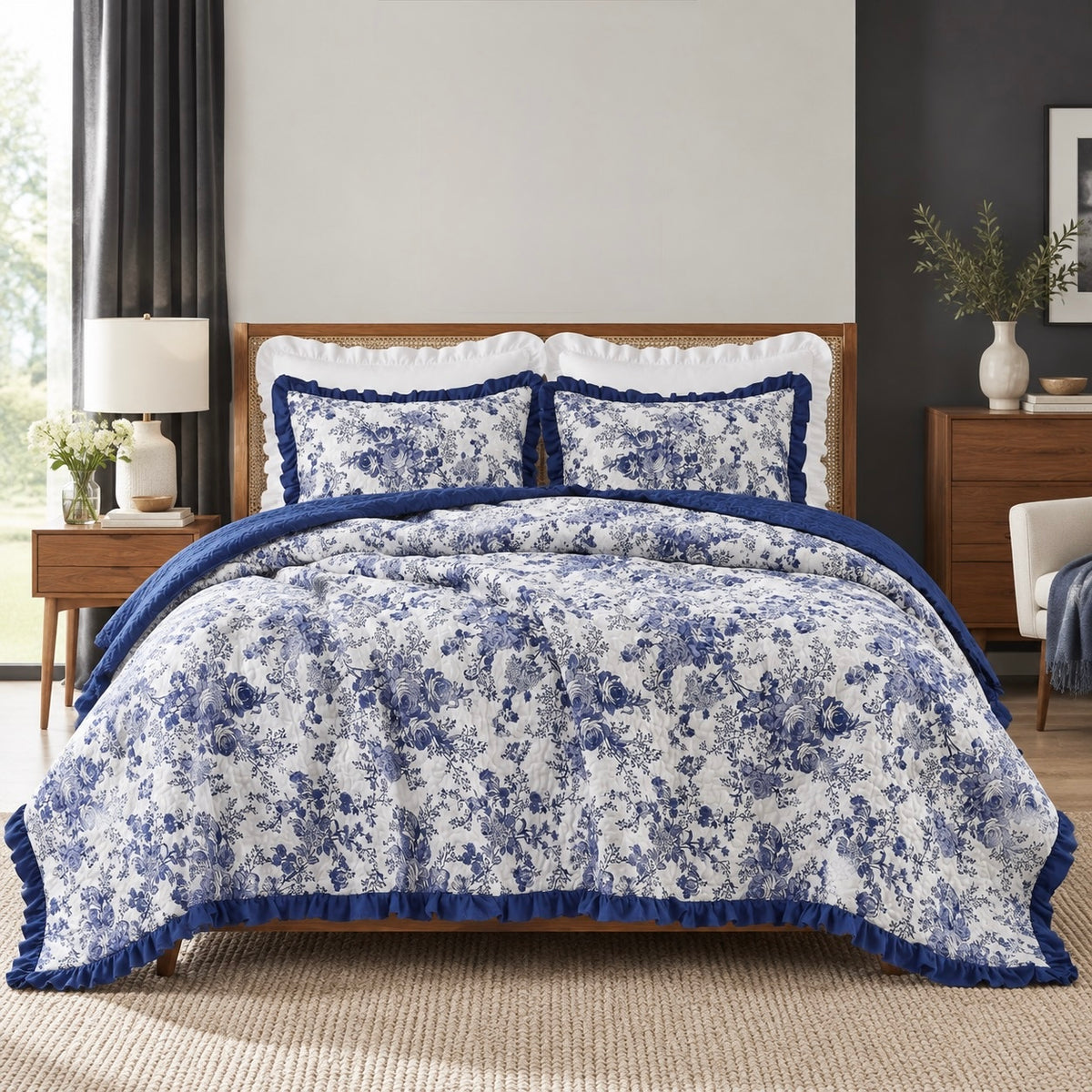 NEW Anthropologie Blue White Floral Ruffle Trim Quilt Coverlet Bedding Sham Set